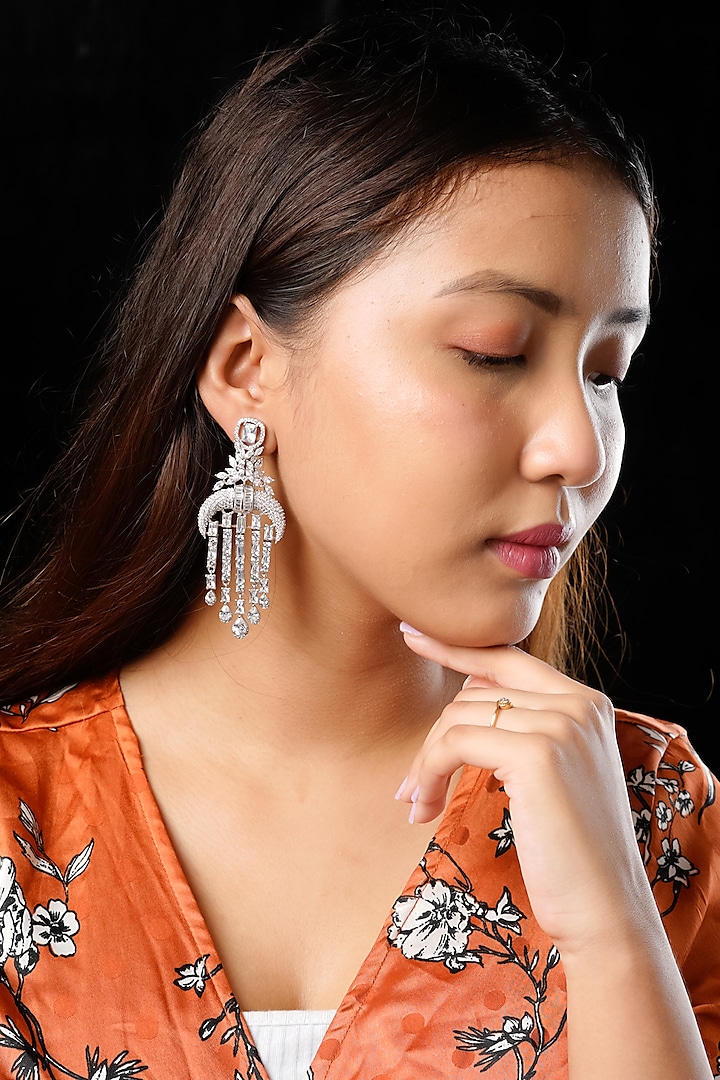 Silver Finish Diamond Droplet Earrings by THE BLING GIRLL