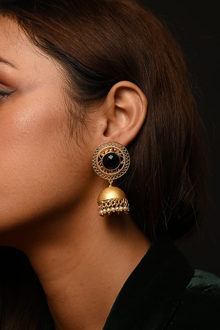 Gold Finish Black Onyx Jhumka Earrings by THE BLING GIRLL at Pernia's Pop Up Shop