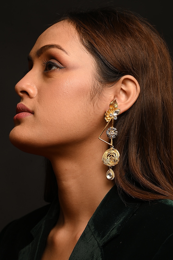 Gold Finish Dangle & Drop Earrings In Mixed Metal by THE BLING GIRLL at Pernia's Pop Up Shop