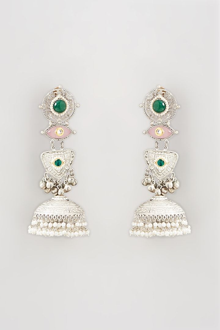 Oxidised Finish Green & Pink Stone Long Dangler Earrings by THE BLING GIRLL