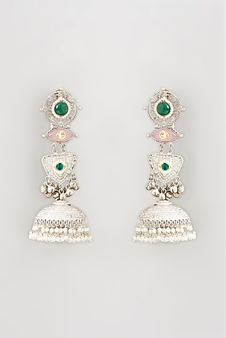 Oxidised Finish Green & Pink Stone Long Dangler Earrings by THE BLING GIRLL
