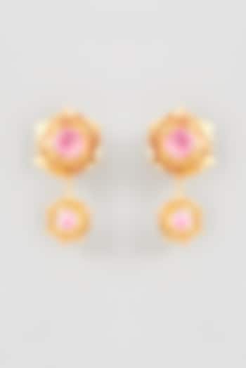 Gold Finish Pink Agate Floral Stud Earrings by THE BLING GIRLL at Pernia's Pop Up Shop