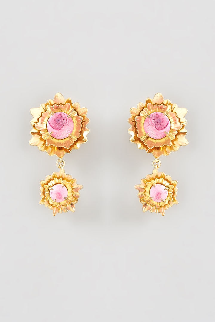 Gold Finish Pink Agate Floral Stud Earrings by THE BLING GIRLL at Pernia's Pop Up Shop