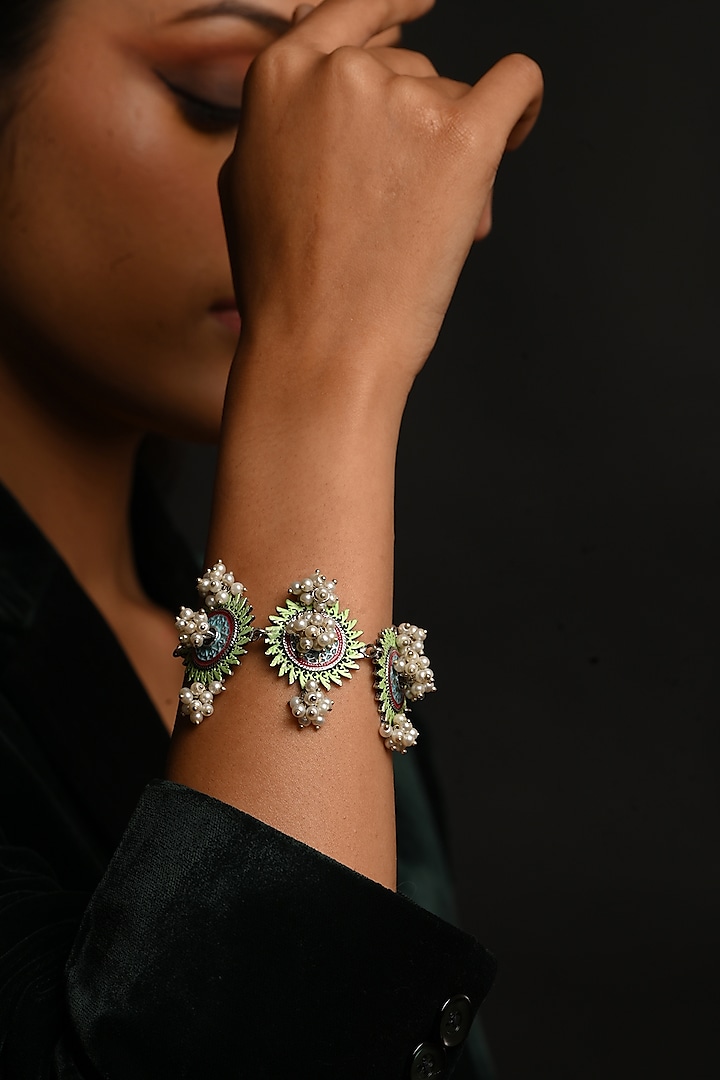 Silver Finish Handcrafted Meenakari Bracelet by THE BLING GIRLL at Pernia's Pop Up Shop