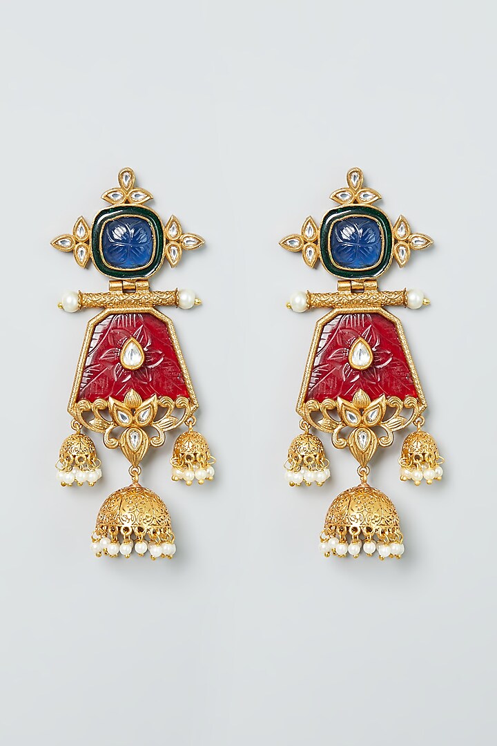 Gold Finish Ruby Stone Jhumka Earrings by THE BLING GIRLL