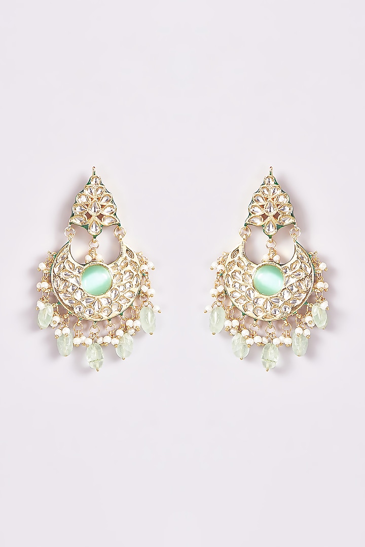 Gold Finish Opal Stone & Kundan Polki Chandbali Earrings by THE BLING GIRLL