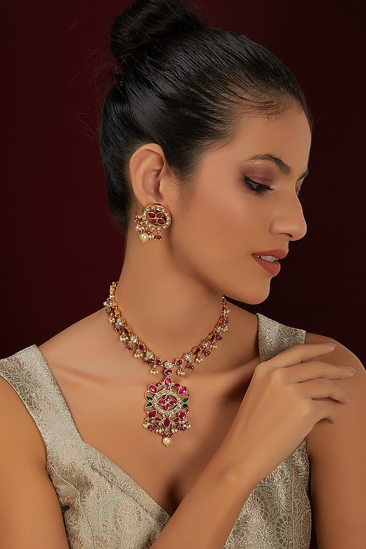 Gold Finish Kundan Polki Floral Temple Necklace Set by THE BLING GIRLL