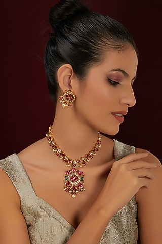Gold Finish Kundan Polki Floral Temple Necklace Set by THE BLING GIRLL