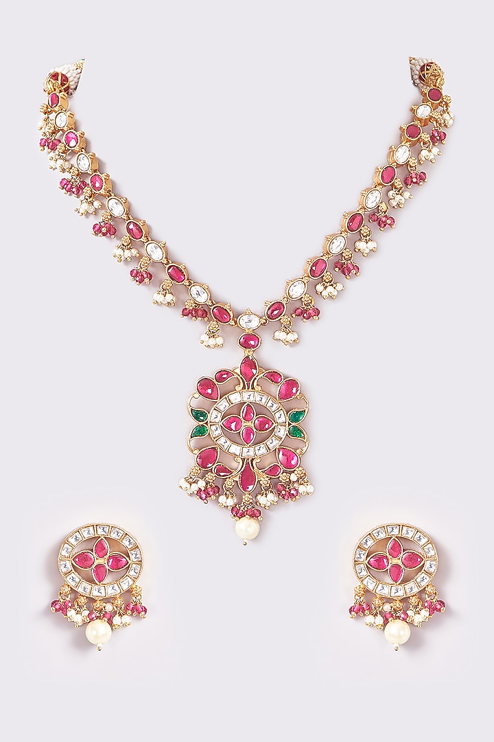 Gold Finish Kundan Polki Floral Temple Necklace Set by THE BLING GIRLL at Pernia's Pop Up Shop