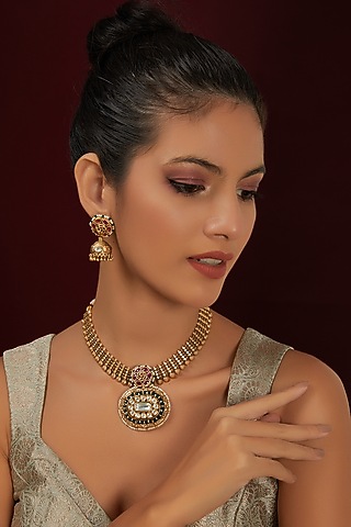 Gold Finish Kundan Polki Floral Temple Choker Necklace Set by THE BLING GIRLL
