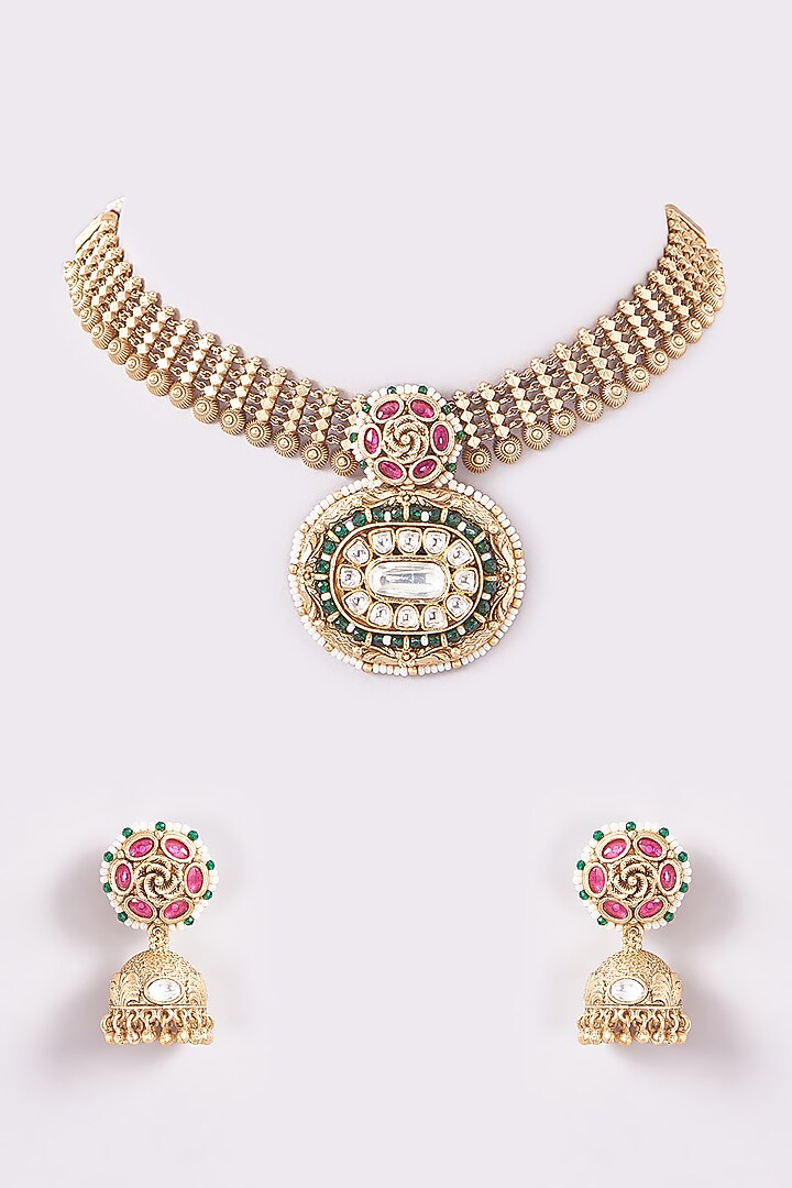 Gold Finish Kundan Polki Floral Temple Choker Necklace Set by THE BLING GIRLL at Pernia's Pop Up Shop