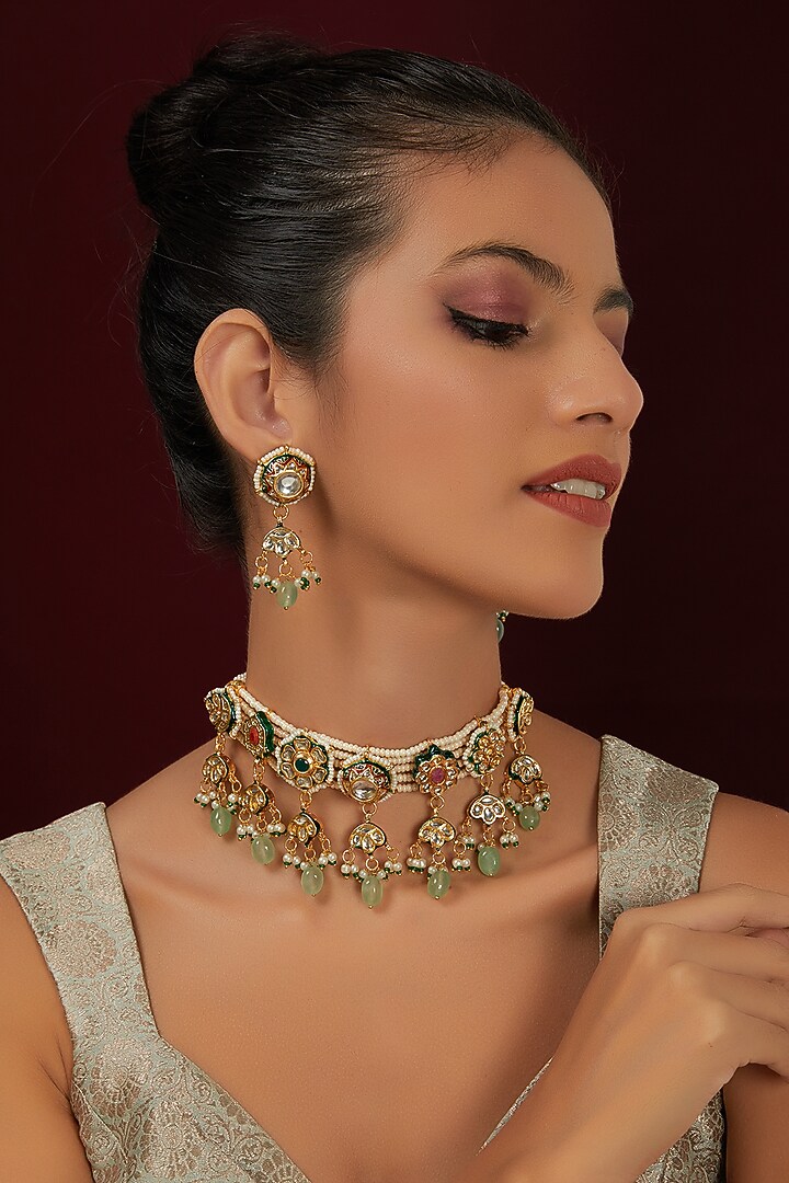 Gold Finish Kundan Polki Meenakari Choker Necklace Set by THE BLING GIRLL at Pernia's Pop Up Shop