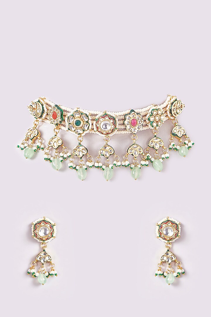 Gold Finish Kundan Polki Meenakari Choker Necklace Set by THE BLING GIRLL at Pernia's Pop Up Shop