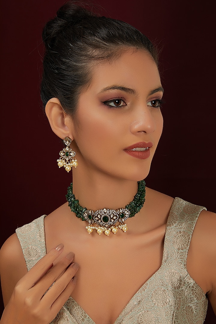 Gold Finish Kundan Polki & Emerald Stone Choker Necklace Set by THE BLING GIRLL