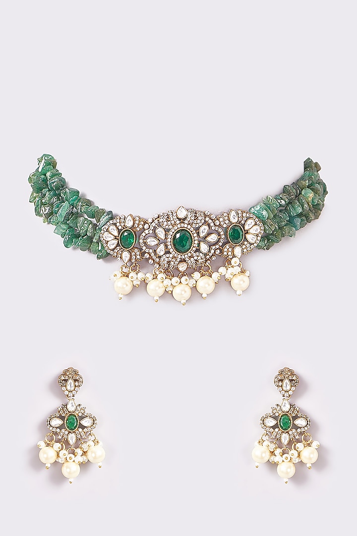 Gold Finish Kundan Polki & Emerald Stone Choker Necklace Set by THE BLING GIRLL at Pernia's Pop Up Shop
