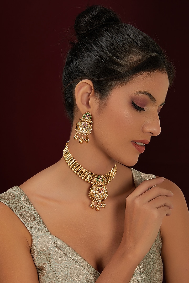 Gold Finish Kundan Polki Temple Choker Necklace Set by THE BLING GIRLL at Pernia's Pop Up Shop