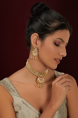 Gold Finish Kundan Polki Temple Choker Necklace Set by THE BLING GIRLL