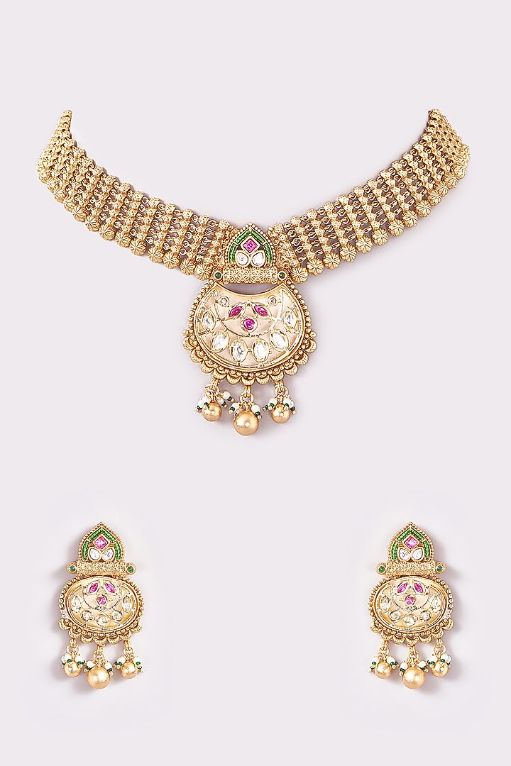 Gold Finish Kundan Polki Temple Choker Necklace Set by THE BLING GIRLL at Pernia's Pop Up Shop