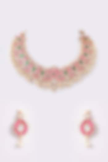 Gold Finish Pink & Green Kundan Polki Temple Choker Necklace Set by THE BLING GIRLL