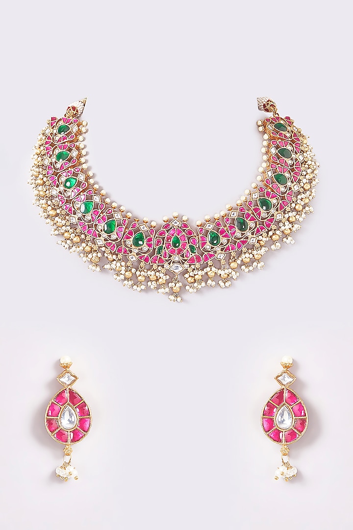 Gold Finish Pink & Green Kundan Polki Temple Choker Necklace Set by THE BLING GIRLL
