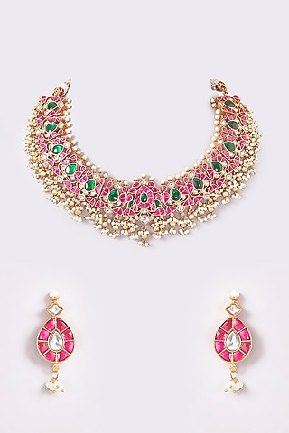 Gold Finish Pink & Green Kundan Polki Temple Choker Necklace Set by THE BLING GIRLL