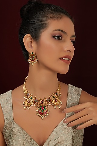 Gold Finish Temple Floral Choker Necklace Set by THE BLING GIRLL