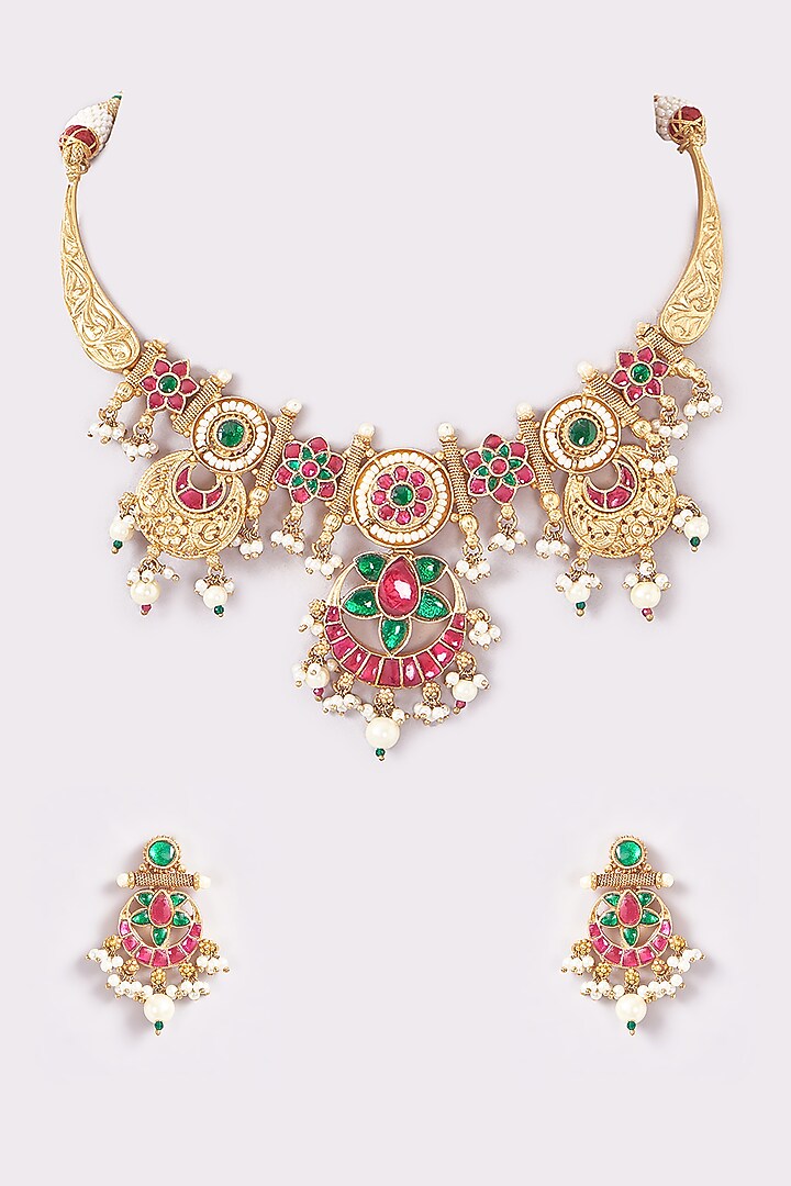 Gold Finish Temple Floral Choker Necklace Set by THE BLING GIRLL at Pernia's Pop Up Shop