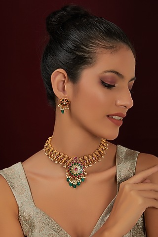 Gold Finish Temple Peacock Choker Necklace Set by THE BLING GIRLL