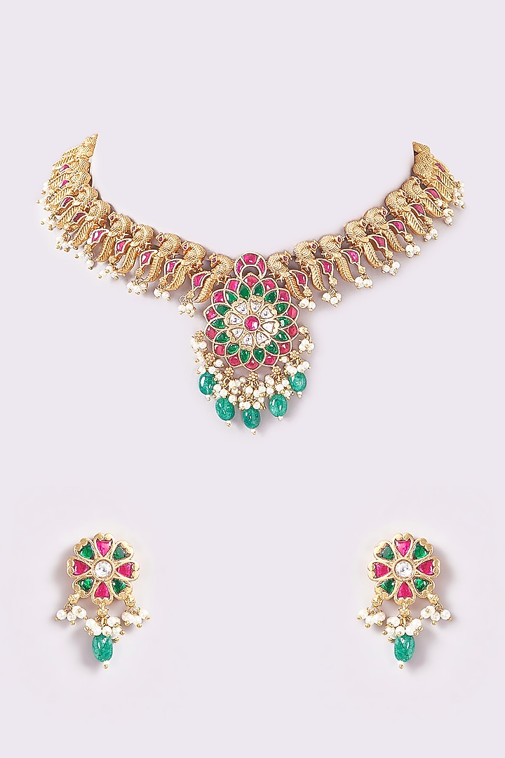 Gold Finish Temple Peacock Choker Necklace Set by THE BLING GIRLL at Pernia's Pop Up Shop