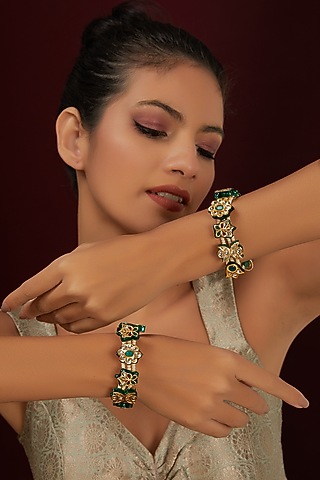 Gold Finish Kundan Polki Meenakari Bangle (Set of 2) by THE BLING GIRLL