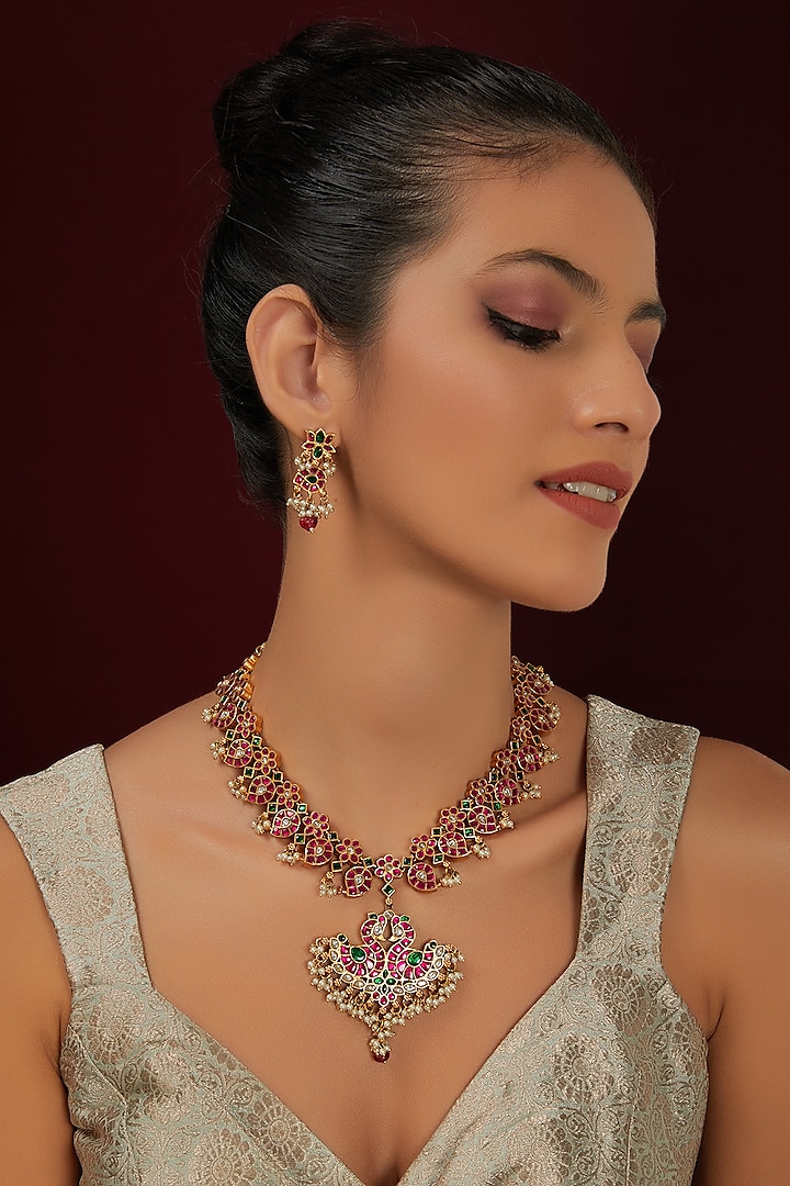 Gold Finish Pink & Green Kundan Polki Temple Long Necklace Set by THE BLING GIRLL