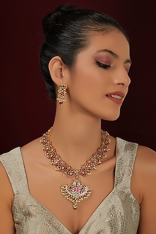 Gold Finish Pink & Green Kundan Polki Temple Long Necklace Set by THE BLING GIRLL
