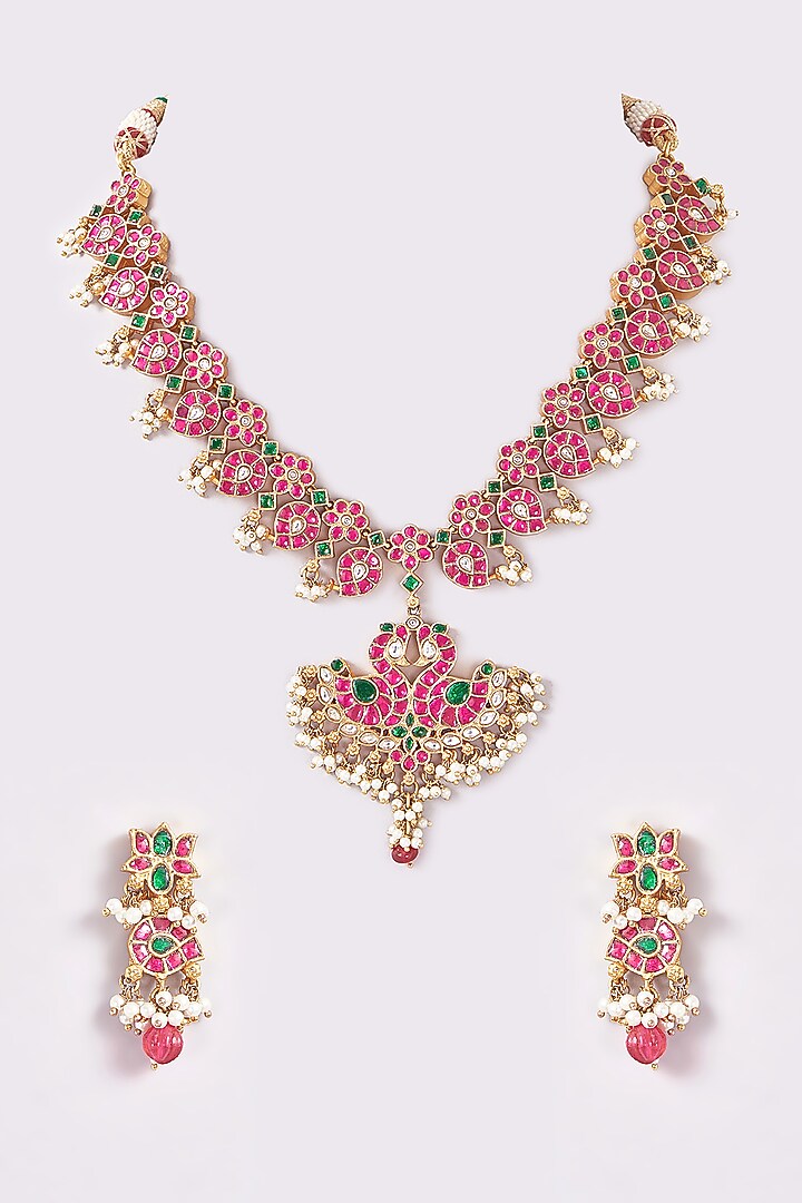 Gold Finish Pink & Green Kundan Polki Temple Long Necklace Set by THE BLING GIRLL at Pernia's Pop Up Shop
