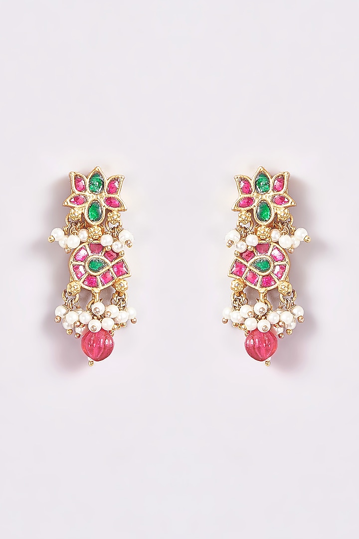Gold Finish Pink & Green Kundan Polki Temple Long Necklace Set by THE BLING GIRLL at Pernia's Pop Up Shop