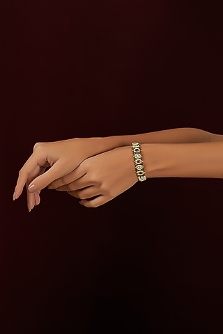 Gold Finish White & Green Kundan Polki Bracelet by THE BLING GIRLL