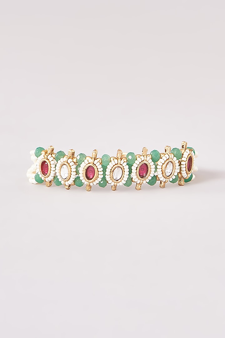 Gold Finish White & Green Kundan Polki Bracelet by THE BLING GIRLL at Pernia's Pop Up Shop