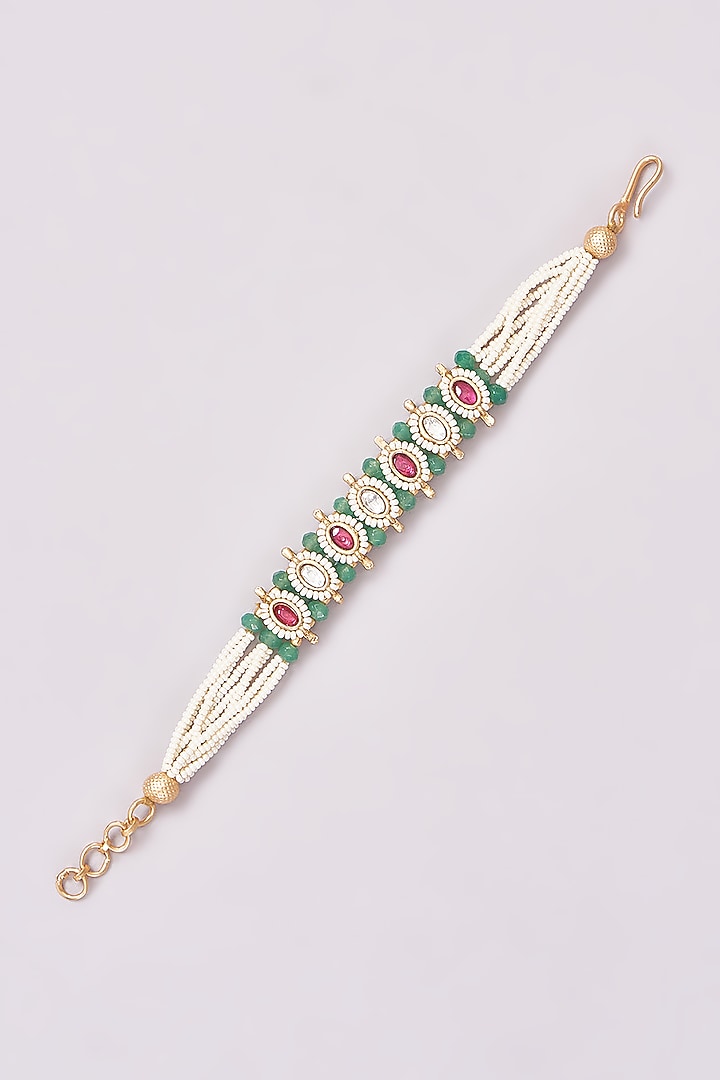 Gold Finish White & Green Kundan Polki Bracelet by THE BLING GIRLL at Pernia's Pop Up Shop