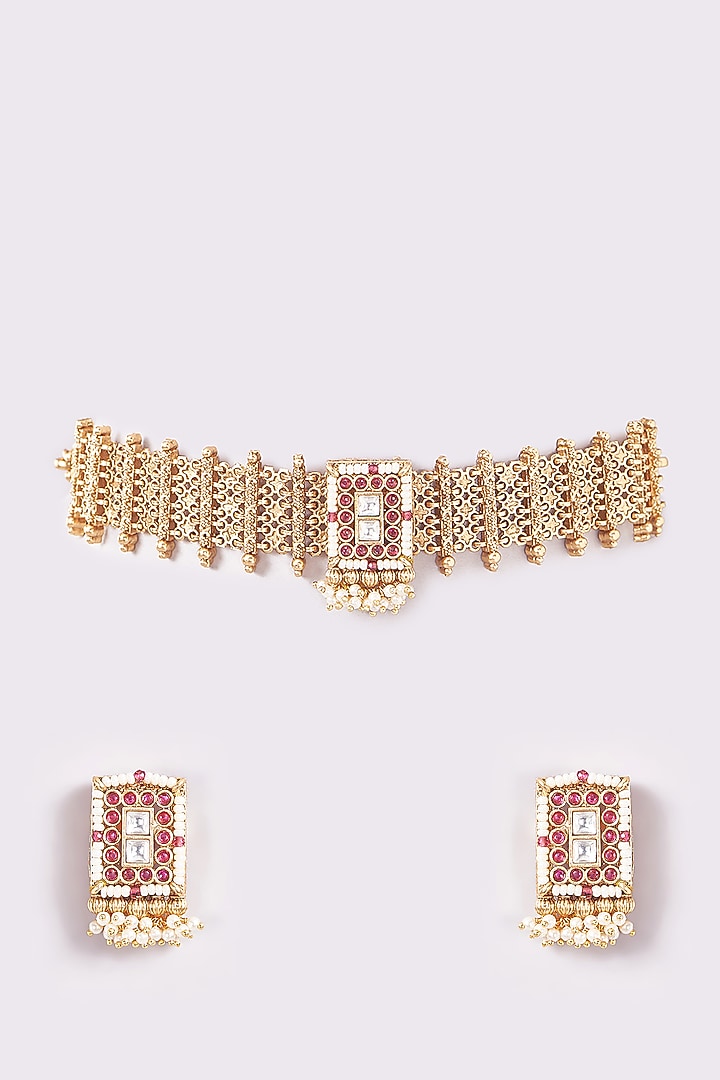 Antique Gold Finish Temple Choker Necklace Set by THE BLING GIRLL at Pernia's Pop Up Shop
