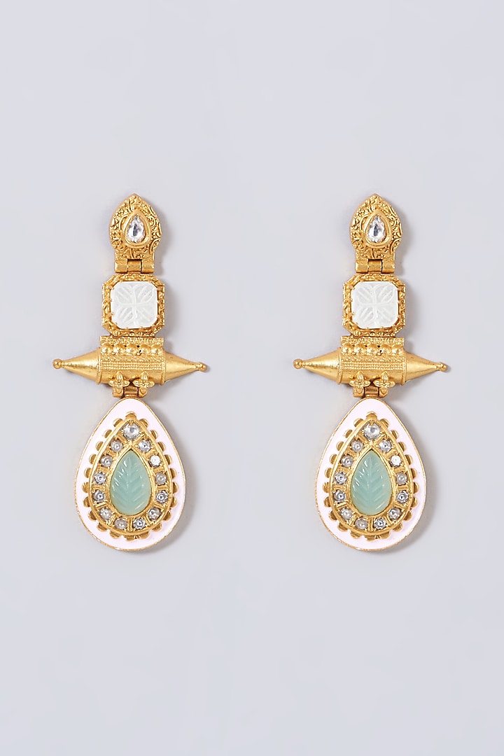 Gold Finish Mint & White Semi Precious Stone Drop Earrings Design by
