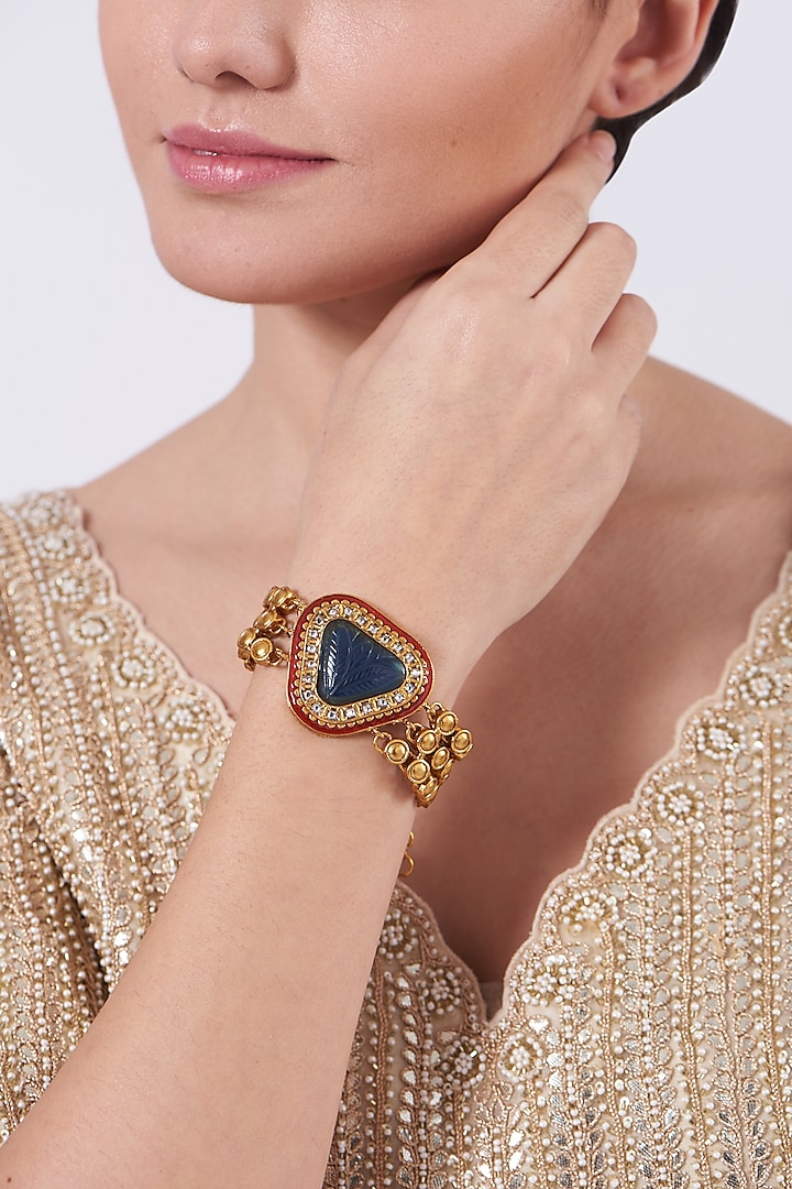 Gold Finish Blue Semi Precious Stones Layered Bracelet by THE BLING GIRLL at Pernia's Pop Up Shop