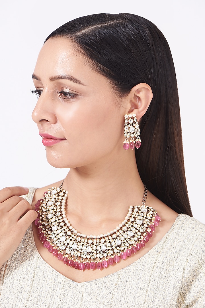 Silver Finish Kundan Polki Jadau Necklace Set by THE BLING GIRLL at Pernia's Pop Up Shop