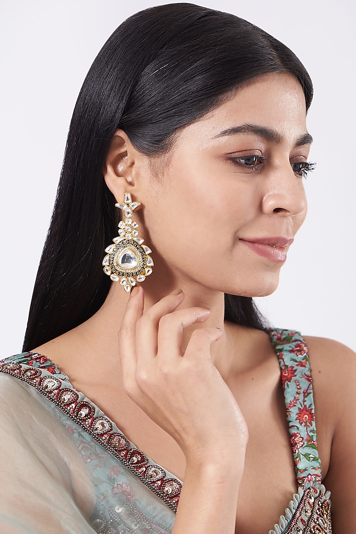 Gold Finish Kundan Polki Dangle & Drop Earrings by THE BLING GIRLL at Pernia's Pop Up Shop