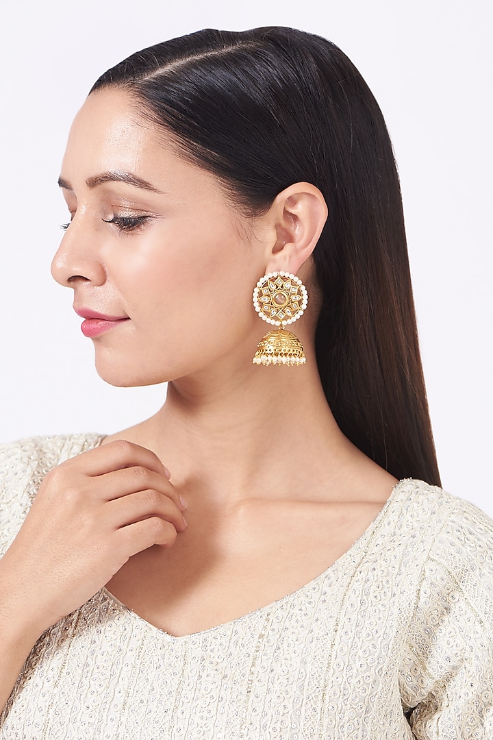 Gold Finish Pearl Jhumka Earrings by THE BLING GIRLL