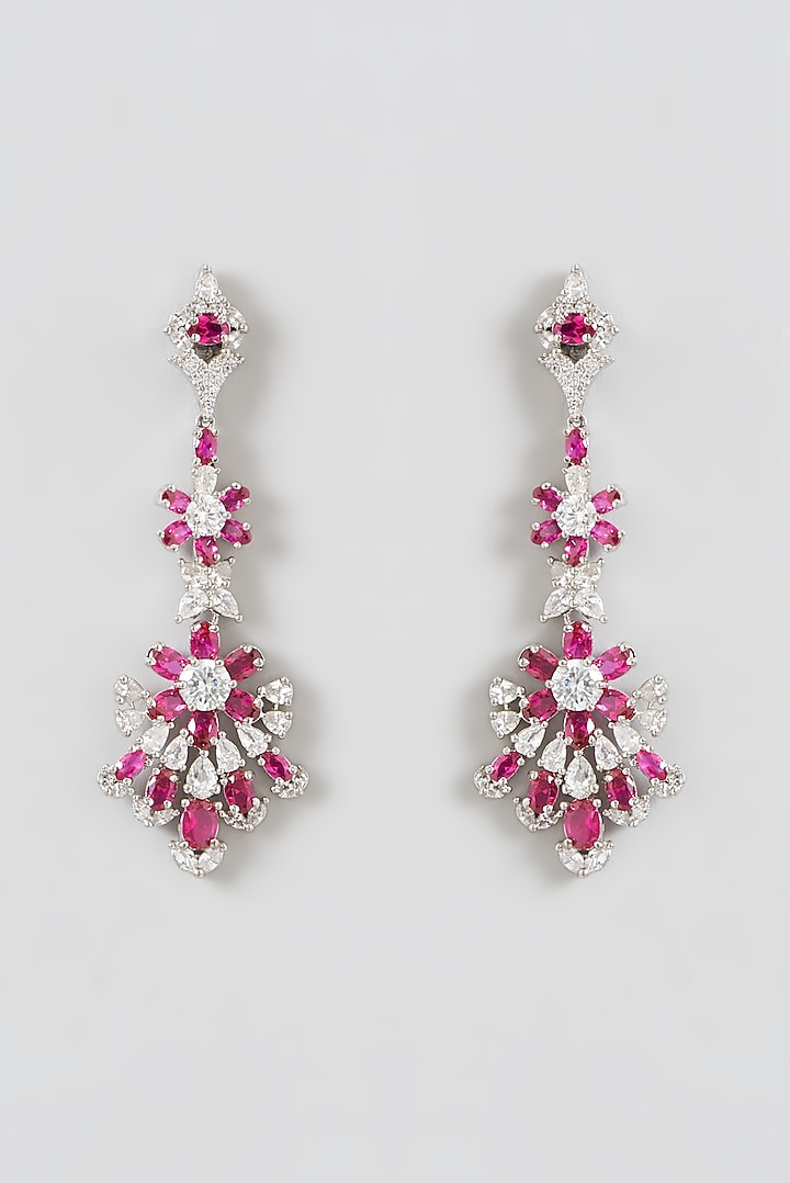 White Finish Pink Stone Dangler Earrings by THE BLING GIRLL