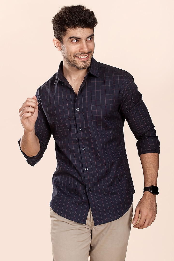 Navy Blue Cotton Checkered Shirt Design by The Bleu Label at Pernia's ...