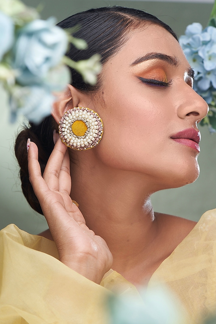 Yellow Embroidered Stud Earrings by TORQUE by Merge