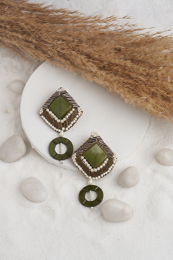 Olive Beaded Dangler Earrings by TORQUE by Merge at Pernia's Pop Up Shop