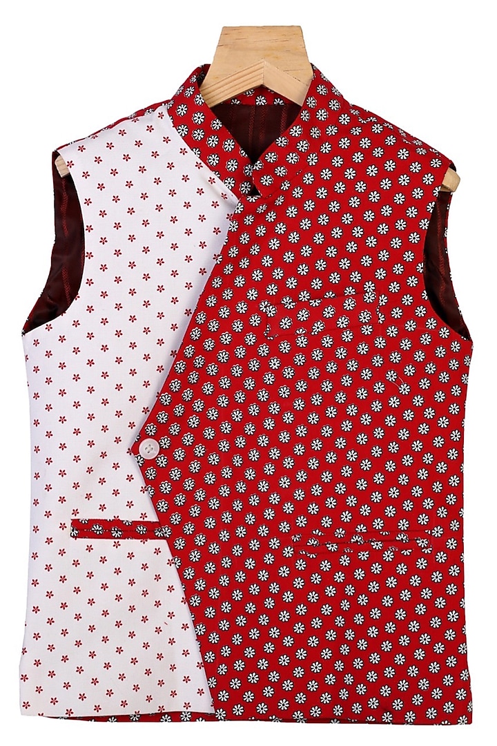 Red & White Printed Jacket For Boys by The Blue Morphology