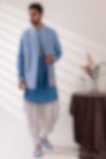Blue Raw Silk & Handloom Silk Indowestern Jacket Set by TIRA BY NARESH RAJ