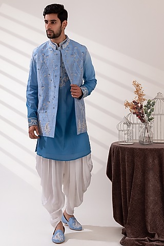 Blue Raw Silk & Handloom Silk Indowestern Jacket Set by TIRA BY NARESH RAJ